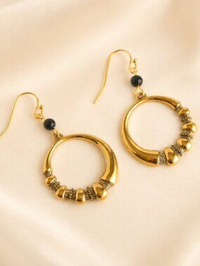 Gold Hoop Earrings With Onyx Detail Stainless Steel Large Dangle